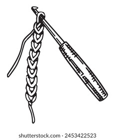 Sketch of crochet hook with yarn thread. Hobby, leisure activity doodle. Outline vector illustration in retro engraving style.