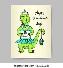 Sketch crocodile girl in vintage style, vector Valentine's poster