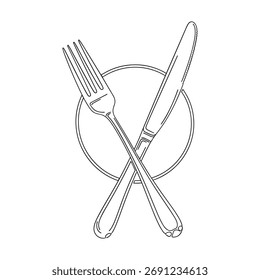 Sketch of crossed fork and knife over a circular plate outline, representing dining.