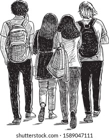 Sketch of croup of teen students walking along street on summer day