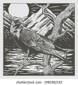 sketch crow ,forest wild ,Lakes premium vector