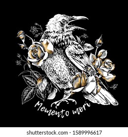 Sketch of a Crow with a gold rose flowers, buds and leaves. Memento mori - lettering quote. T-shirt composition, Hand drawn style print. Vector illustration.
