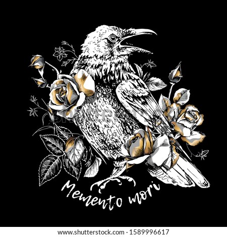 Sketch of a Crow with a gold rose flowers, buds and leaves. Memento mori - lettering quote. T-shirt composition, Hand drawn style print. Vector illustration.