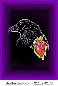 A sketch of a crow with an illustration of a heart