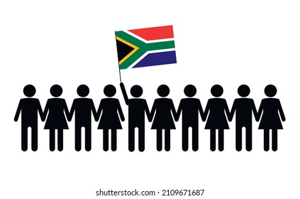 Sketch Of A Crowd And A Leader With The Flag Of Republic Of South Africa. Protests Concept.