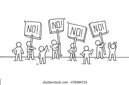 Sketch of crowd little people. Doodle cute miniature scene of workers with protest placards. Hand drawn cartoon vector illustration for business design and infographic.