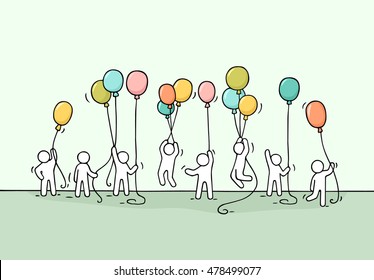 Sketch of crowd little people. Doodle cute miniature scene of workers with balloons. Hand drawn cartoon vector illustration for business and celebration design.