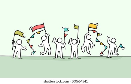 Sketch of crowd little people. Doodle cute miniature scene of workers with flags. Hand drawn cartoon vector illustration for business and celebration design.