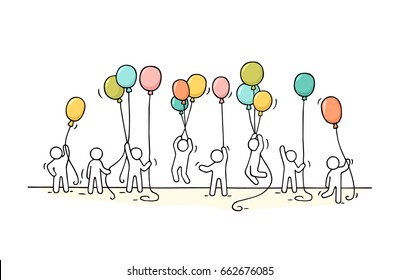 Sketch of crowd little people. Doodle cute miniature scene of workers with balloons. Hand drawn cartoon vector illustration for business and celebration design.