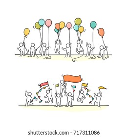 Sketch of crowd little people. Doodle cute miniature scene of workers with balloons and flags. Hand drawn cartoon vector illustration for celebration design.