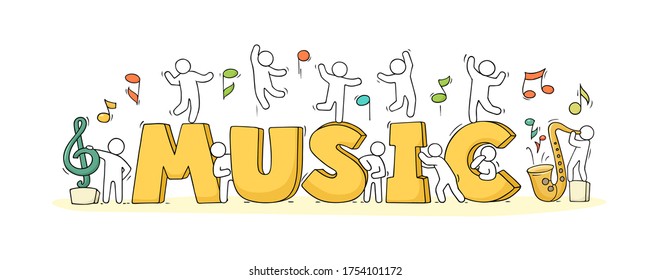 Sketch of crowd little people with flying notes. Doodle cute miniature scene with word Music. Hand drawn cartoon vector illustration musical design.