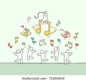 Sketch of crowd little people with flying notes. Doodle cute miniature scene about music. Hand drawn cartoon vector illustration musical design.