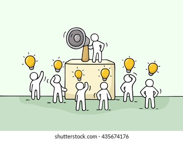 Sketch crowd of little people with lamp idea. Doodle cute miniature with leader on the tribune and megaphone. Hand drawn cartoon vector illustration for business design.