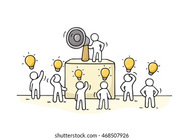 Sketch crowd of little people with lamp idea. Doodle cute miniature with leader on the tribune and megaphone. Hand drawn cartoon vector illustration for business design.