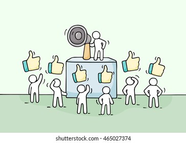 Sketch crowd of little people with like signs. Doodle cute miniature with leader on the tribune and megaphone. Hand drawn cartoon vector illustration for business design.