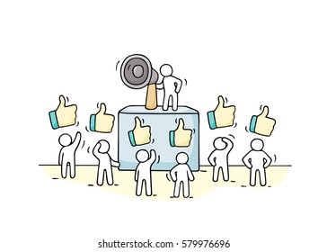 Sketch crowd of little people with like signs. Doodle cute miniature with leader on the tribune and megaphone. Hand drawn cartoon vector illustration for business design.