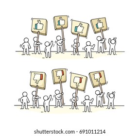 Sketch of crowd little people with like and dislike symbols. Doodle cute miniature scene of workers with transparents. Hand drawn cartoon vector illustration for internet design.