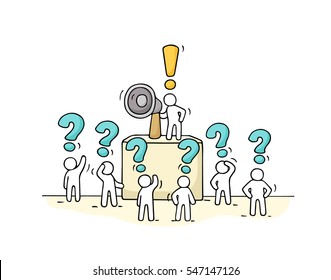 Sketch crowd of little people with questions. Doodle cute miniature with leader on the tribune and megaphone. Hand drawn cartoon vector illustration for business design.