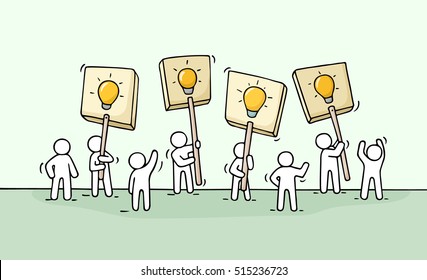 Sketch of crowd little people wih lamp ideas. Doodle cute miniature scene of workers with transparents. Hand drawn cartoon vector illustration for business design and infographic.