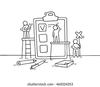 Sketch crowd of people with checklist.  Doodle cute miniature with business planner. Hand drawn cartoon vector illustration for business design.