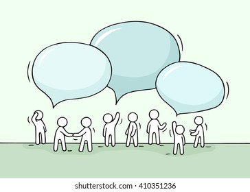 Sketch - crowd of working little people with speech bubbles. Doodle cute miniature teamwork and partnership. Hand drawn cartoon vector illustration for business design and infographic.