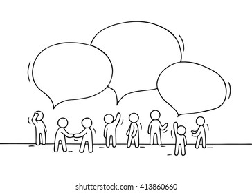 Sketch - crowd of working little people with speech bubbles. Doodle cute miniature teamwork and partnership. Hand drawn cartoon vector illustration for business design and infographic.