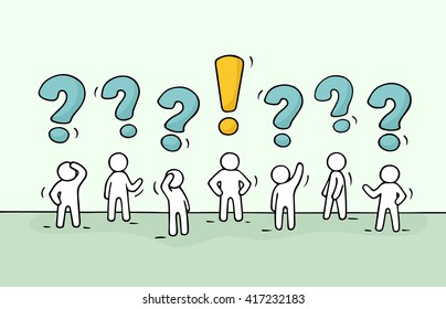 Sketch - crowd of working little people with question sings and exclamation point. Doodle cute miniature teamwork find right decision. Hand drawn cartoon vector illustration for business design.