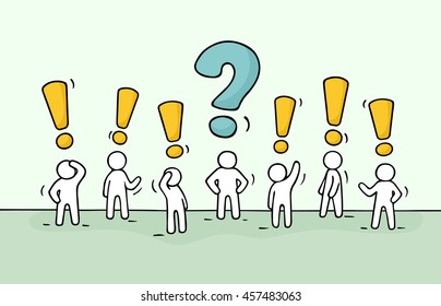 Sketch - crowd of working little people with question sign and exclamation point. Doodle cute miniature teamwork find right decision. Hand drawn cartoon vector illustration for business design.