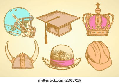 Sketch crown, gentleman hat, viking, football helmet and graduation hat 