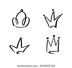 Sketch crown icon set. Simple graffiti crowning, elegant queen or king crown hand drawn. Royal imperial coronation symbol, monarch majestic jewel tiara isolated vector illustration