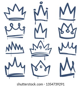 Sketch crown. Queen king crowns tiara luxury royal diadem imperial coronation outline decoration jewel doodle drawn, vector isolated icons