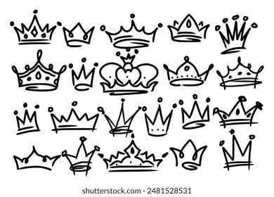 Sketch crown. Simple graffiti crowning, elegant queen or king crowns hand drawn. Royal imperial coronation symbols, monarch majestic jewel tiara isolated icons vector illustration set