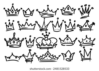 Sketch crown. Simple graffiti crowning, elegant queen or king crowns hand drawn. Royal imperial coronation symbols, monarch majestic jewel tiara isolated icons vector illustration set