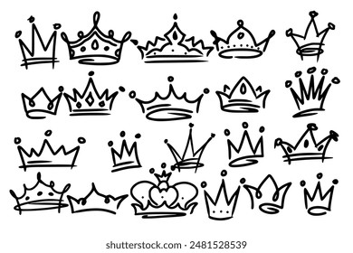 Sketch crown. Simple graffiti crowning, elegant queen or king crowns hand drawn. Royal imperial coronation symbols, monarch majestic jewel tiara isolated icons vector illustration set