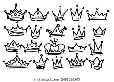 Sketch crown. Simple graffiti crowning, elegant queen or king crowns hand drawn. Royal imperial coronation symbols, monarch majestic jewel tiara isolated icons vector illustration set