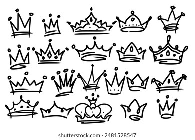 Sketch crown. Simple graffiti crowning, elegant queen or king crowns hand drawn. Royal imperial coronation symbols, monarch majestic jewel tiara isolated icons vector illustration set