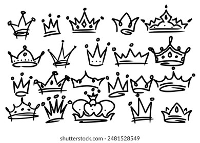 Sketch crown. Simple graffiti crowning, elegant queen or king crowns hand drawn. Royal imperial coronation symbols, monarch majestic jewel tiara isolated icons vector illustration set