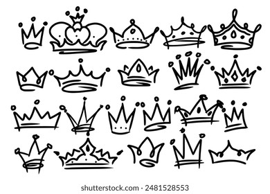 Sketch crown. Simple graffiti crowning, elegant queen or king crowns hand drawn. Royal imperial coronation symbols, monarch majestic jewel tiara isolated icons vector illustration set