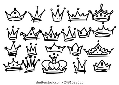 Sketch crown. Simple graffiti crowning, elegant queen or king crowns hand drawn. Royal imperial coronation symbols, monarch majestic jewel tiara isolated icons vector illustration set