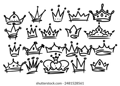 Sketch crown. Simple graffiti crowning, elegant queen or king crowns hand drawn. Royal imperial coronation symbols, monarch majestic jewel tiara isolated icons vector illustration set