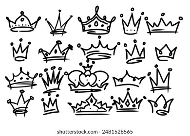 Sketch crown. Simple graffiti crowning, elegant queen or king crowns hand drawn. Royal imperial coronation symbols, monarch majestic jewel tiara isolated icons vector illustration set