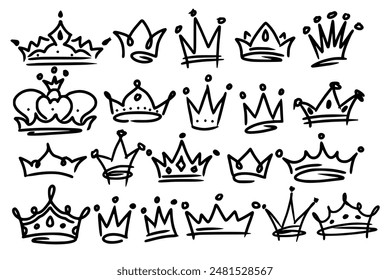 Sketch crown. Simple graffiti crowning, elegant queen or king crowns hand drawn. Royal imperial coronation symbols, monarch majestic jewel tiara isolated icons vector illustration set