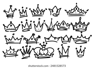 Sketch crown. Simple graffiti crowning, elegant queen or king crowns hand drawn. Royal imperial coronation symbols, monarch majestic jewel tiara isolated icons vector illustration set