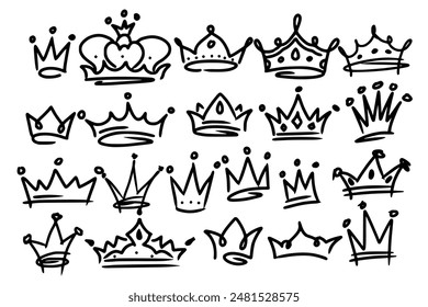 Sketch crown. Simple graffiti crowning, elegant queen or king crowns hand drawn. Royal imperial coronation symbols, monarch majestic jewel tiara isolated icons vector illustration set