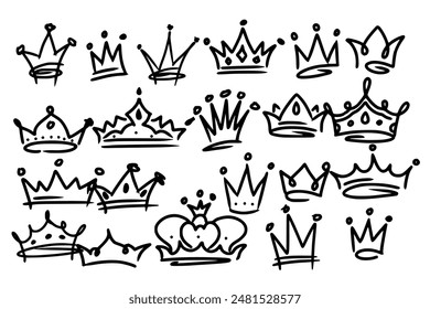 Sketch crown. Simple graffiti crowning, elegant queen or king crowns hand drawn. Royal imperial coronation symbols, monarch majestic jewel tiara isolated icons vector illustration set