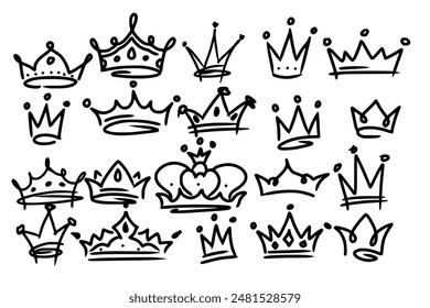 Sketch crown. Simple graffiti crowning, elegant queen or king crowns hand drawn. Royal imperial coronation symbols, monarch majestic jewel tiara isolated icons vector illustration set