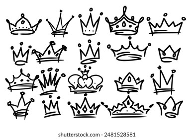 Sketch crown. Simple graffiti crowning, elegant queen or king crowns hand drawn. Royal imperial coronation symbols, monarch majestic jewel tiara isolated icons vector illustration set