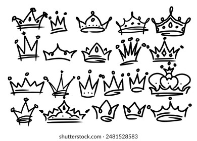 Sketch crown. Simple graffiti crowning, elegant queen or king crowns hand drawn. Royal imperial coronation symbols, monarch majestic jewel tiara isolated icons vector illustration set