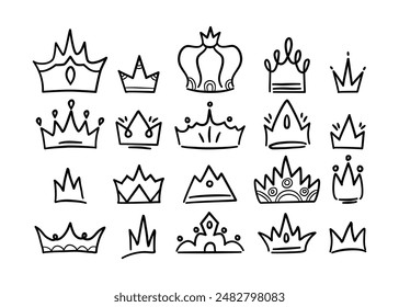 Sketch crown. Simple graffiti crowning, elegant queen or king crowns hand drawn. Royal imperial coronation symbols, monarch majestic jewel tiara isolated icons vector illustration set on white