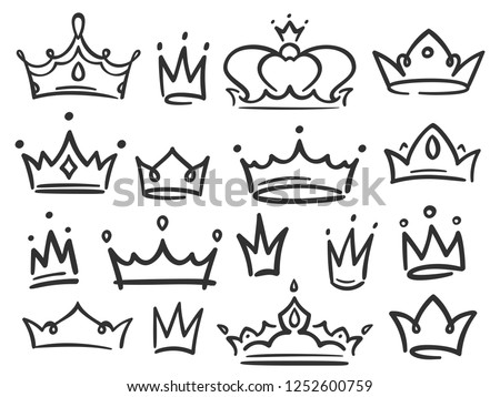 Sketch crown. Simple graffiti crowning, elegant queen or king crowns hand drawn. Royal imperial coronation symbols, monarch majestic jewel tiara isolated icons vector illustration set